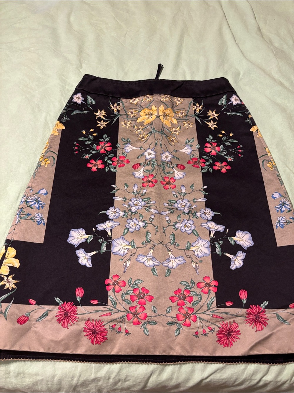 Moulinette Soeurs Black Floral Panel A-Line Skirt with Taupe Accents